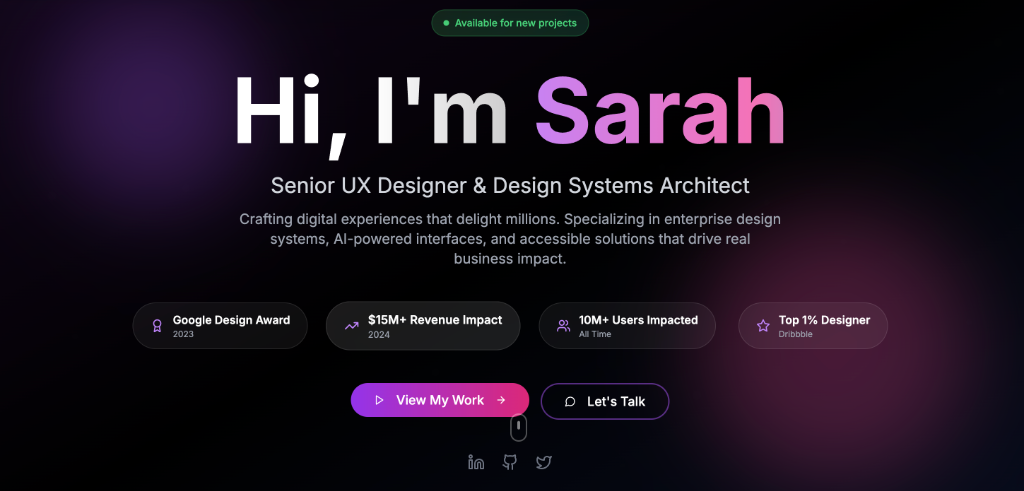 Sarah Johnson - UX Designer portfolio website example (desktop view)